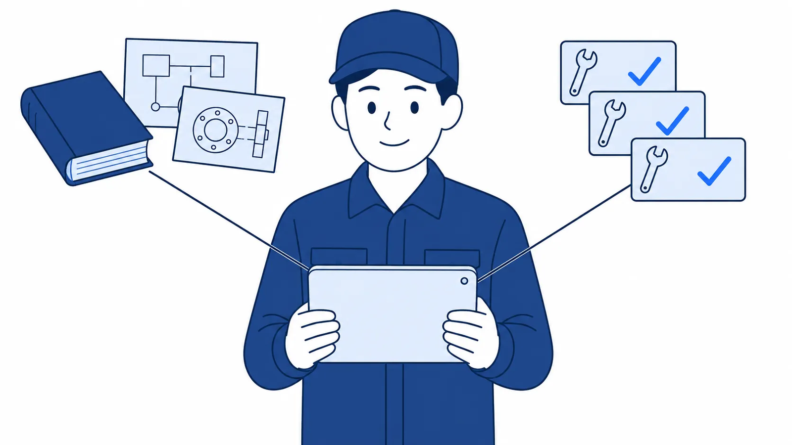 タブレットに、取扱説明書や図面と、対応の記録の両方がつながっていることを示すイラスト