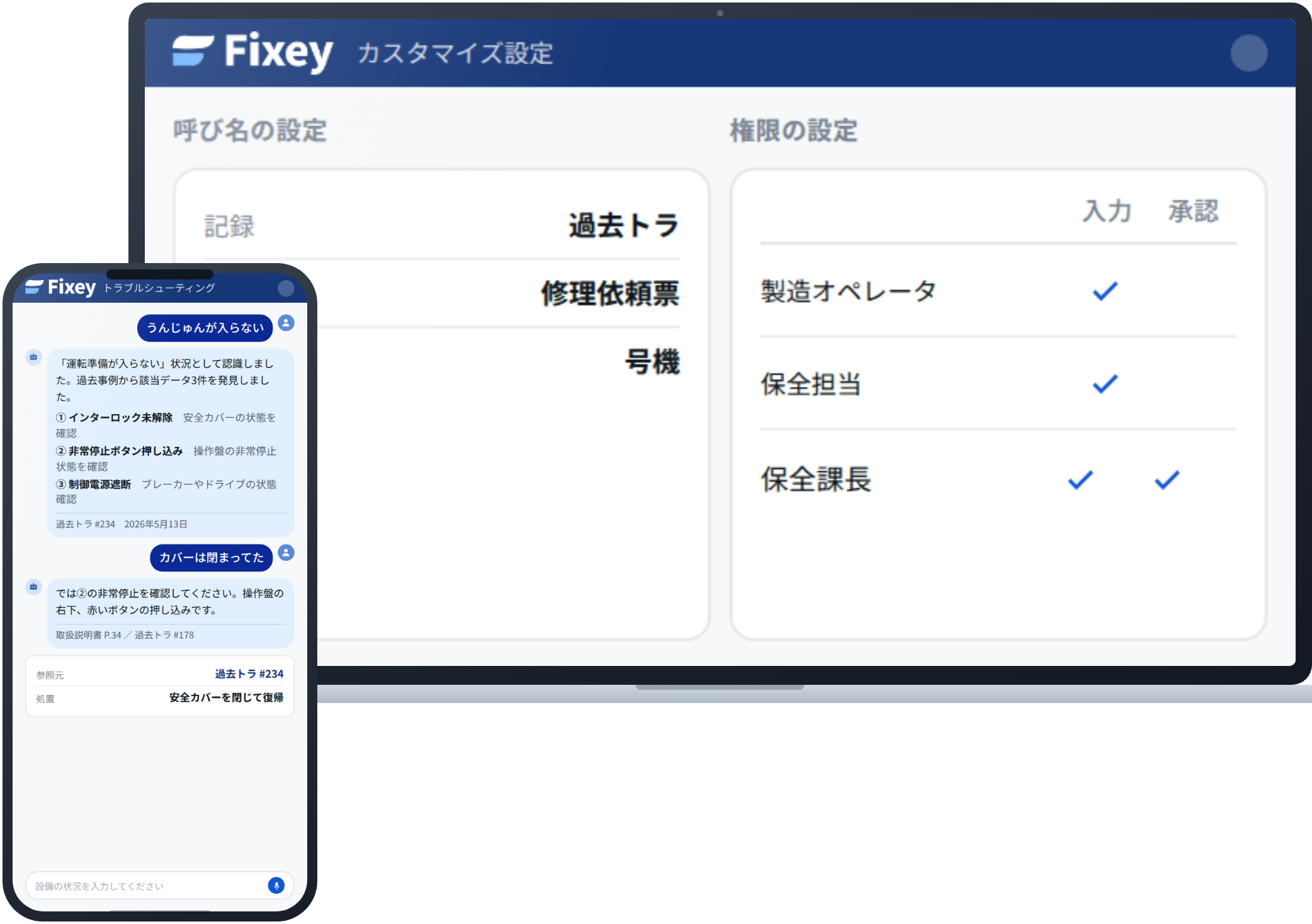 カスタマイズ設定の画面。記録や依頼の呼び名と、役割ごとの権限を設定している