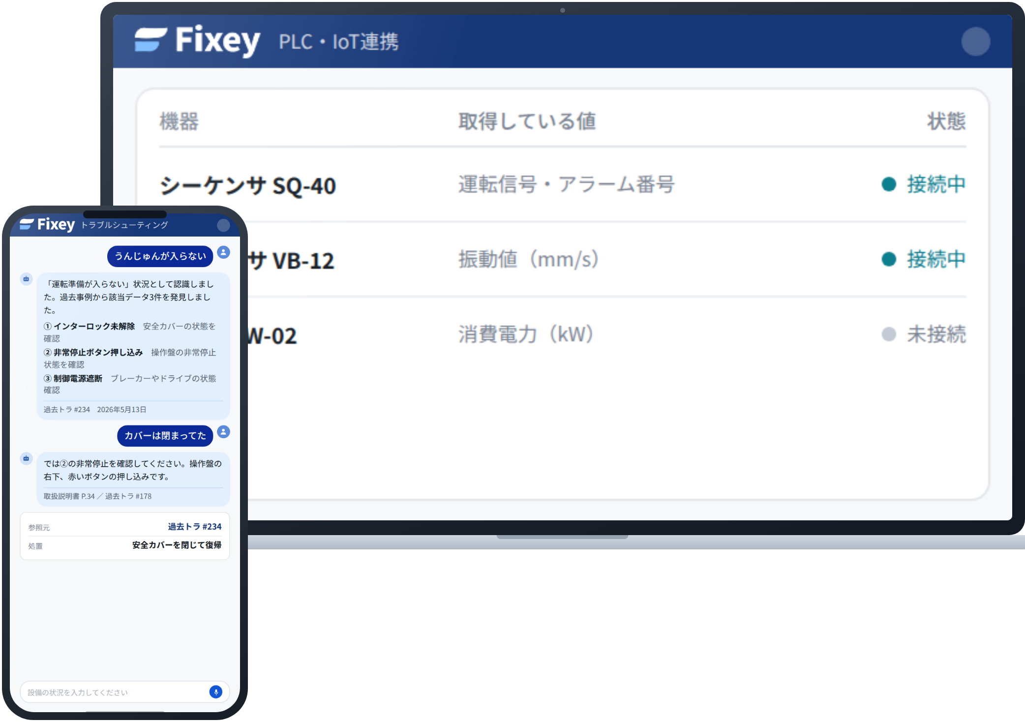 PLC・IoT連携の画面。接続している機器と取得している値、接続状態が一覧表示されている