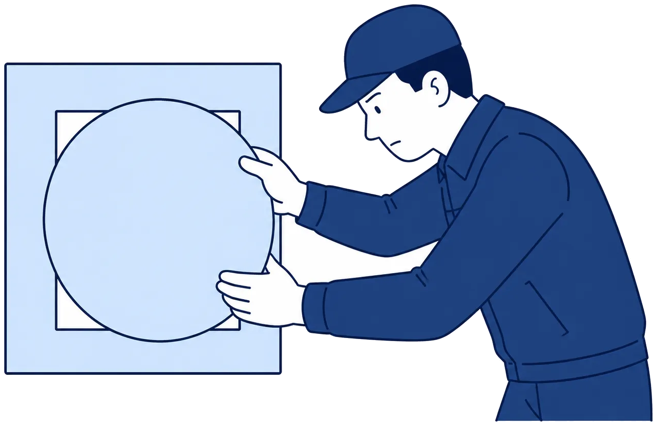 四角い枠に形の合わない丸いピースをはめようとしている担当者