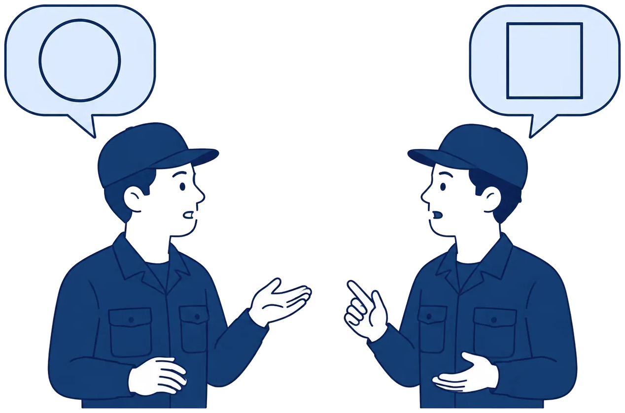 向かい合う2人の吹き出しに、丸と四角の違う記号が入っている