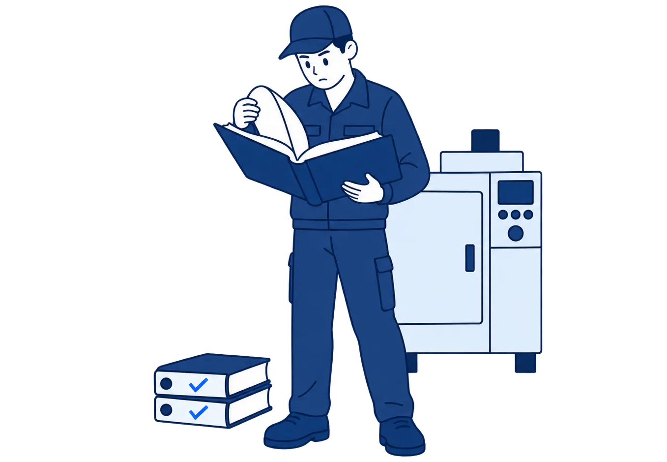 設備の前で分厚いファイルをめくって過去の記録を探している担当者