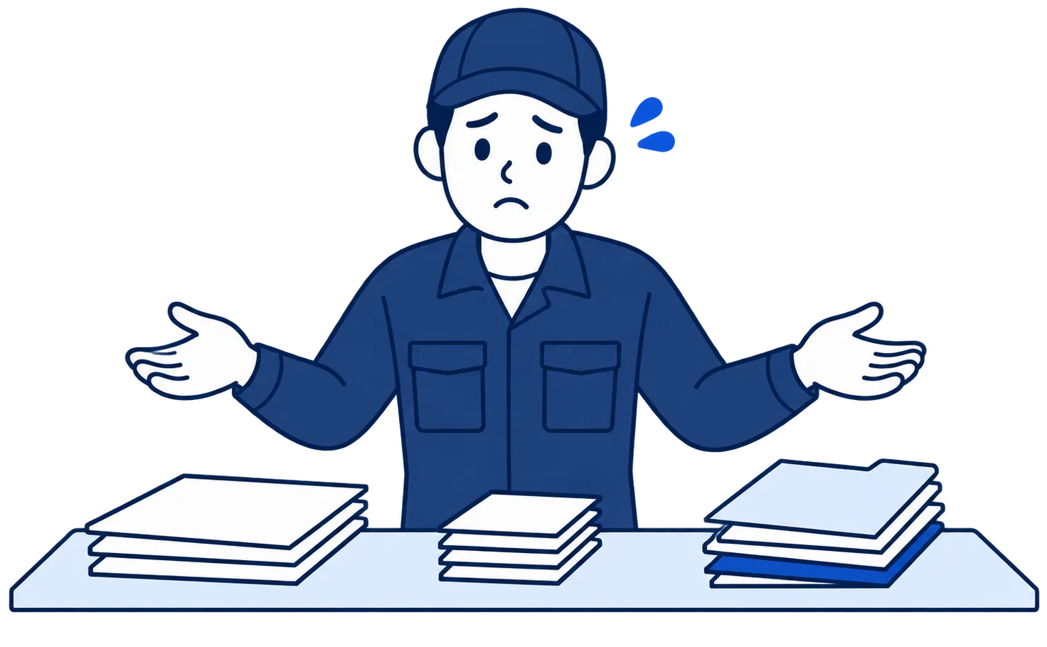 机の上に離れて置かれた3つの書類の山のあいだで、両手を広げて困っている担当者