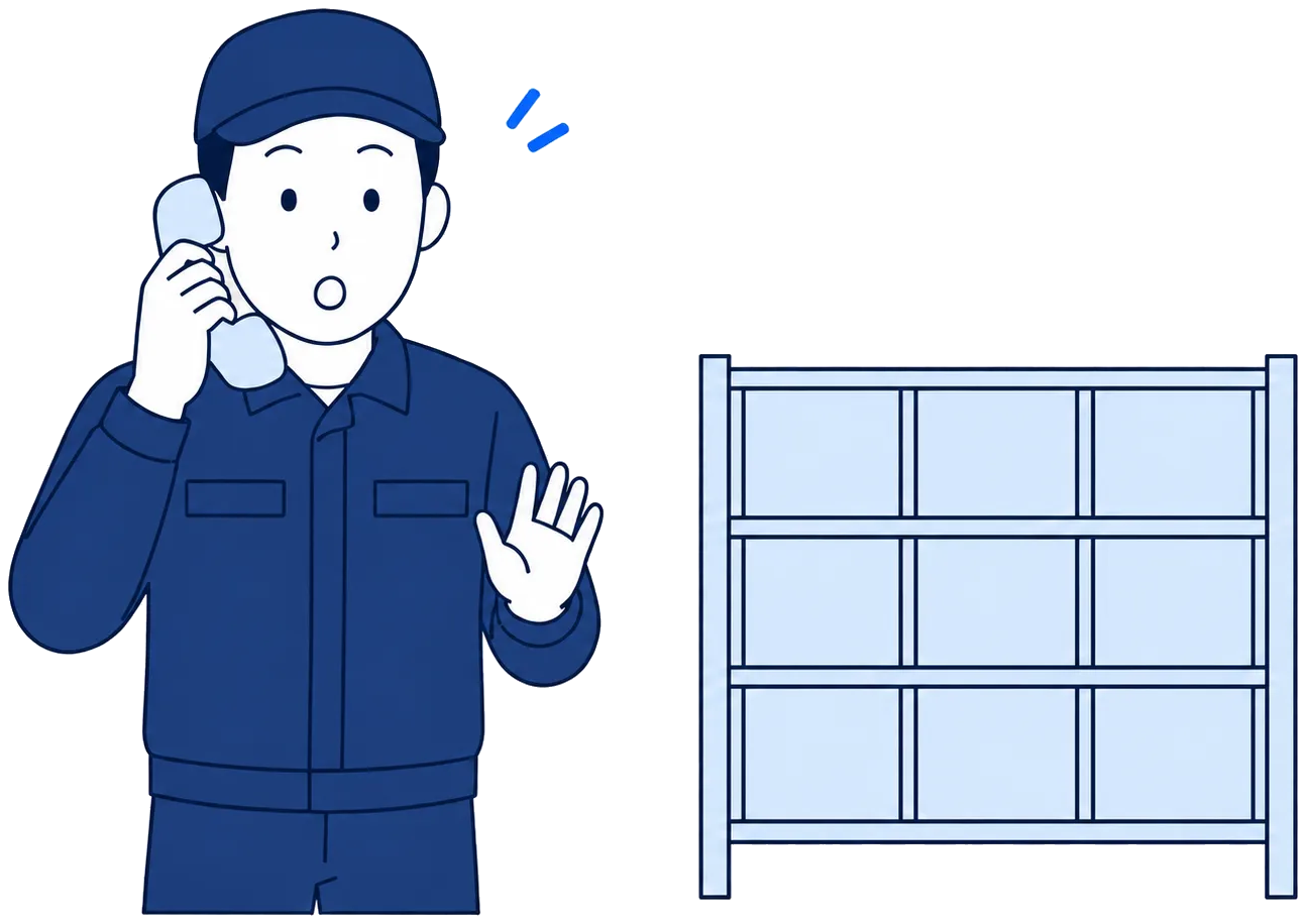 電話口で生産終了を知らされて驚いている担当者と、空になった部品棚