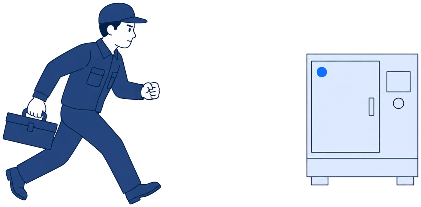 工具箱を持って設備へ向かって走る保全担当者と、離れた場所に置かれた制御盤