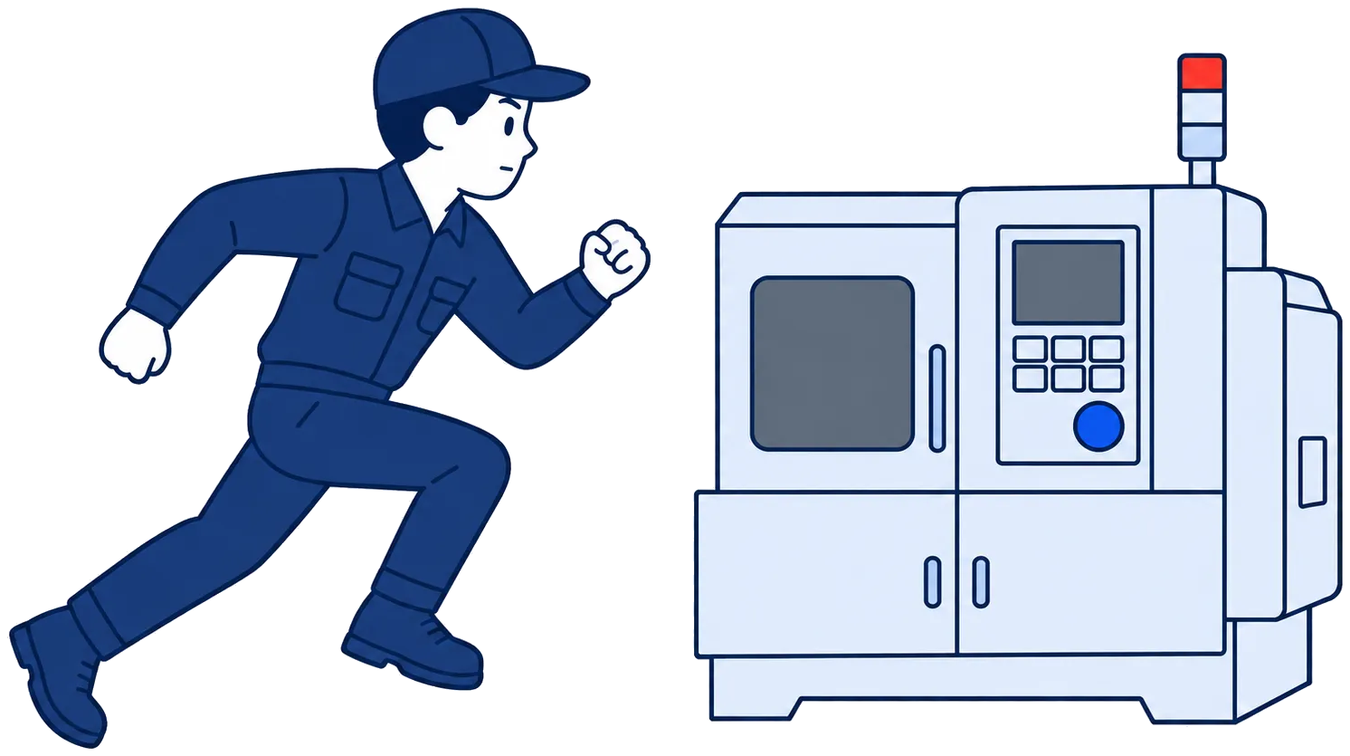 警告灯が点いて止まった設備に駆け寄る作業者