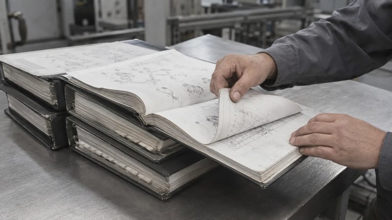作業台に積まれた分厚い技術資料のページをめくって、必要な箇所を探している手元