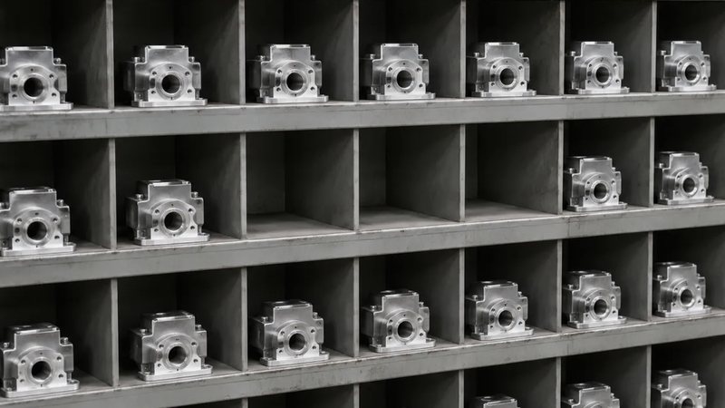 工場の部品棚。同じ形の部品が整列して収納され、一部の区画が空になっている
