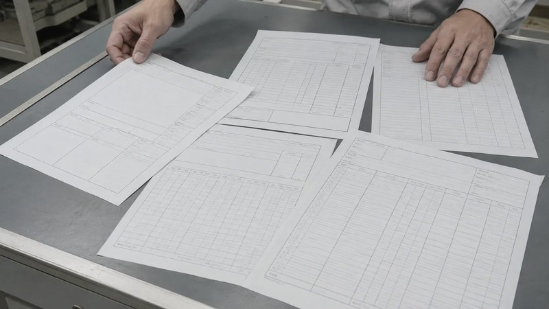 作業台に広げられた、書式の異なる複数の記録用紙