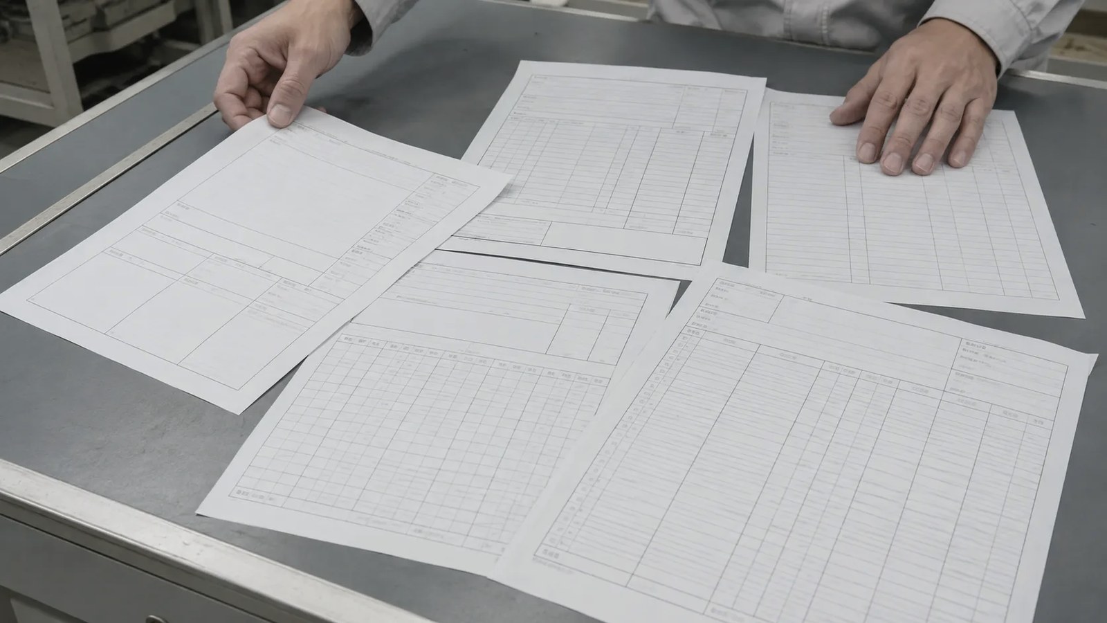 作業台に広げられた、書式の異なる複数の記録用紙