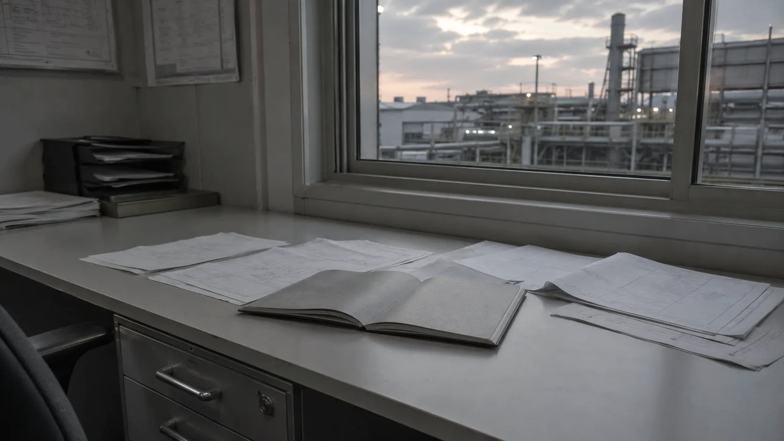 対応を終えた設備の前で、紙のメモを見ながら報告書の入力をしている保全担当者