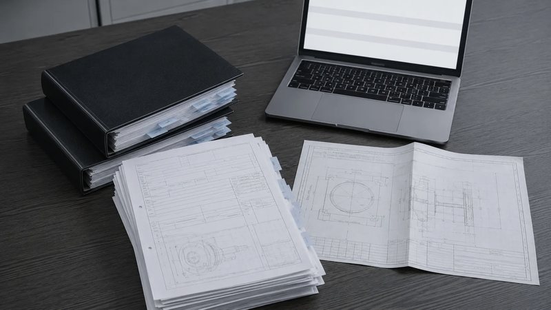 机の上に積まれたバインダーと図面、その横に置かれたノートPC