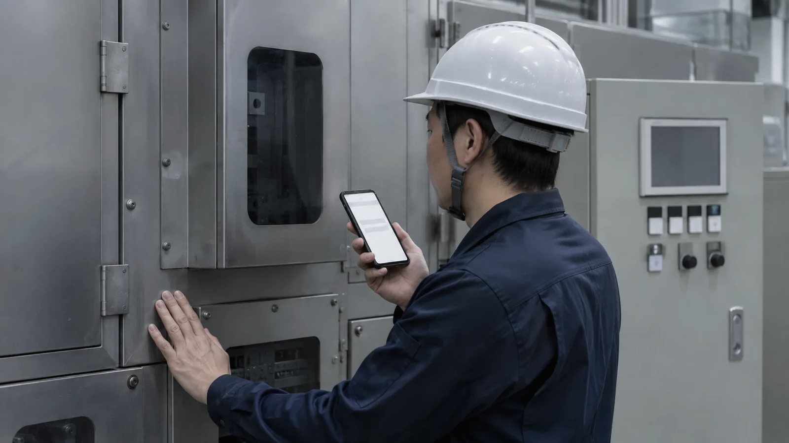 設備の前に立ち、片手にスマートフォン、もう一方の手を盤面に添えて状況を確認している保全担当者