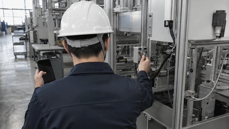 スマートフォンの画面で確認ポイントを見ながら、設備の該当箇所を自分で確認している若手の作業者